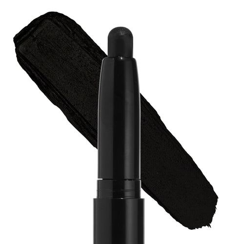 Midnight Hour ColourPop Shadow Stix delivering intense black pigment, shown uncapped with a rounded tip beside a thick swipe swatch on a white background, a creamy eyeshadow stick for bold smoky‑eye looks.