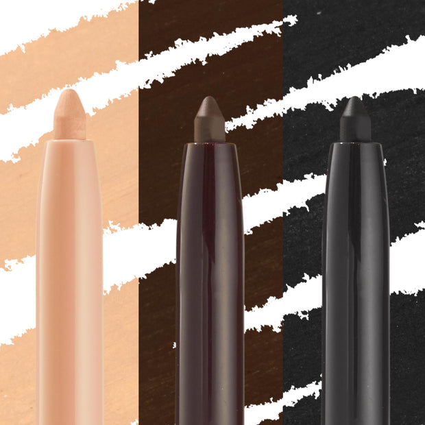 New BFF ColourPop Crème Gel Liner trio standing tip-up, retractable pencils in nude, deep brown, and black with bold swipe swatches behind each on a split background, showcasing smooth, creamy eyeliner shades.