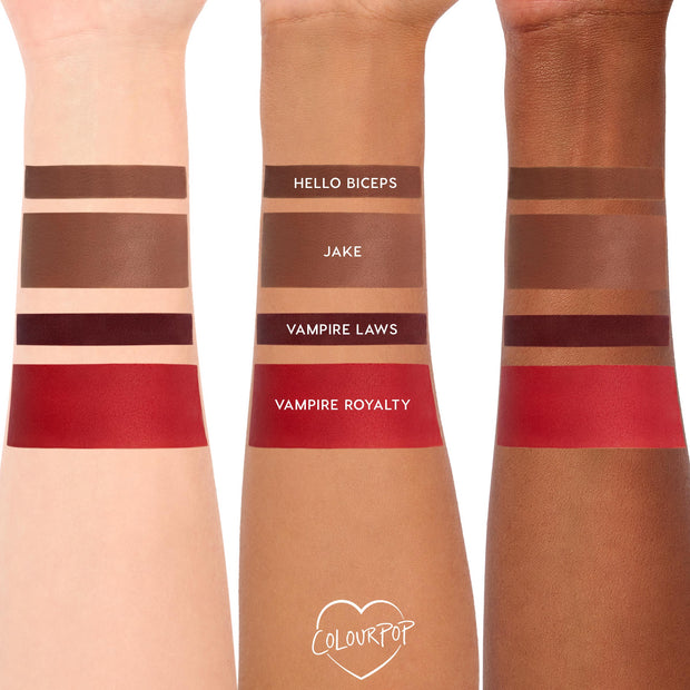 ColourPop Power Pout Lipstick Bella! Where the Hell Have You Been, Loca? swatches display four shades on three skin tones - Hello Biceps (deep brown), Jake (warm brown), Vampire Laws (oxblood), Vampire Royalty (vivid red) - stacked on forearms.