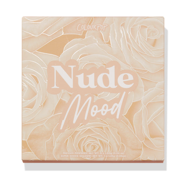ColourPop Shadow Palette Nude Mood displayed closed, showcasing a beige rose-embossed square cover with large “Nude” and script “Mood” lettering, compact shadow palette photographed on a clean white studio background.