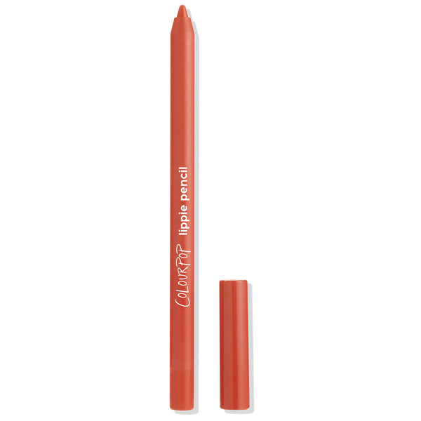 ColourPop Lippie Pencil Oh Sis stands upright with cap off, revealing a creamy warm terracotta lip liner tip; matte orange-red barrel with white ColourPop branding on a clean white background.