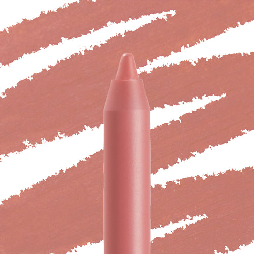 ColourPop Lippie Pencil Oh Snap stands upright with a precise tip, displaying a rosy nude pink‑mauve shade; bold, angled swatch strokes in the matching color fill the background to show pigment and payoff.
