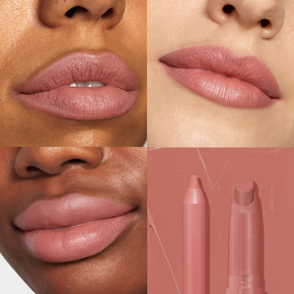 Double the Trouble ColourPop Lippie Stix + Pencil Set showcases a pinky nude lip, with three close-ups on varied skin tones and a fourth panel featuring the matching lip pencil and Lippie Stix against a mauve background.