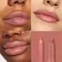 Double the Trouble ColourPop Lippie Stix + Pencil Set showcases a pinky nude lip, with three close-ups on varied skin tones and a fourth panel featuring the matching lip pencil and Lippie Stix against a mauve background.