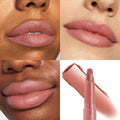 Oh Snap ColourPop Lippie Stix displayed on three sets of lips across different skin tones, showing a soft rosy nude payoff; bottom-right panel shows the bullet and a swipe swatch, highlighting its creamy satin texture in a four-panel collage.