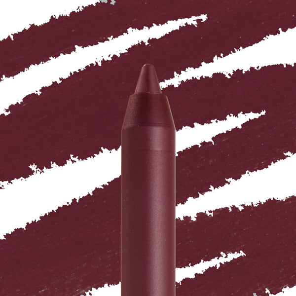 ColourPop Lippie Pencil On Ice draws deep burgundy wine strokes on a white backdrop, the sharpened tip in close-up highlighting precise lip lining and rich pigment.