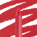 Overtime ColourPop Lippie Pencil tip displaying smooth, vivid red pigment, positioned upright in a macro close-up against bold diagonal red swatch strokes on white, emphasizing its precise point for lip lining.