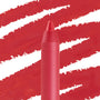 Overtime ColourPop Lippie Pencil tip displaying smooth, vivid red pigment, positioned upright in a macro close-up against bold diagonal red swatch strokes on white, emphasizing its precise point for lip lining.