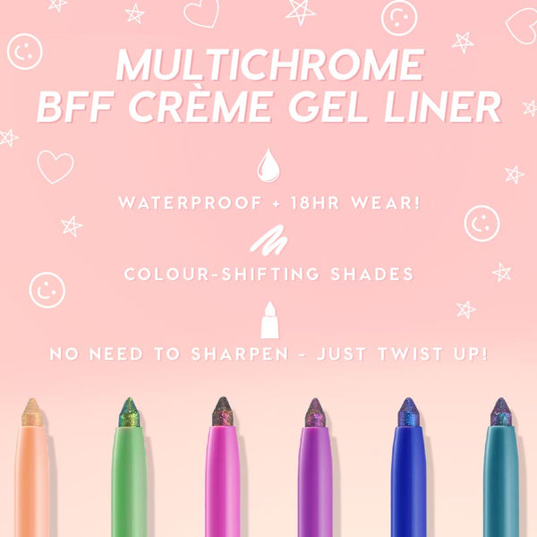 ColourPop Crème Gel Liner in Good Shift glides out as a twist-up, multichrome, color-shifting eyeliner with a shimmering tip, shown on a pink promo with waterproof and 18-hour wear claims alongside other vibrant liner shades.