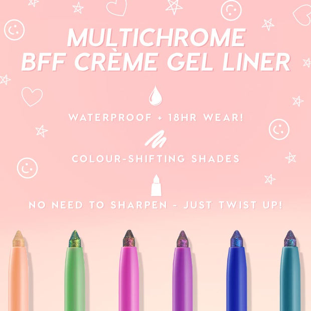 ColourPop Crème Gel Liner in Good Shift glides out as a twist-up, multichrome, color-shifting eyeliner with a shimmering tip, shown on a pink promo with waterproof and 18-hour wear claims alongside other vibrant liner shades.