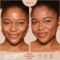 ColourPop Pretty Fresh Tinted Foundation Balm shade Dark 18 demonstrating a side-by-side before-and-after on a model’s face, smoothing and evening skin for a hydrated, natural finish; vegan, hyaluronic acid, dermatologist tested.