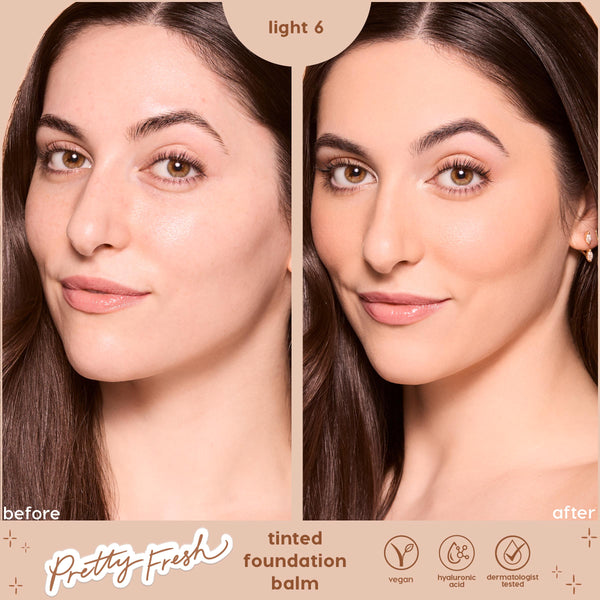 Before-and-after model wearing ColourPop Pretty Fresh Tinted Foundation Balm in Light 6, evening skin tone to a smooth, natural finish; split studio close-ups with product callouts: vegan, hyaluronic acid, dermatologist tested.