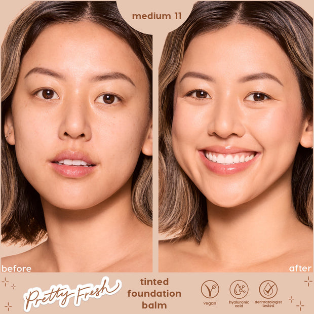ColourPop Pretty Fresh Tinted Foundation Balm shade Medium 11 shows a split-screen before and after on a model’s face, revealing even, dewy coverage and smoother skin; vegan formula with hyaluronic acid, dermatologist tested.