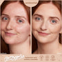 Split-screen model face shows before-and-after coverage using ColourPop Pretty Fresh Creamy Concealer in Fair 05 W, blurring redness and evening skin tone; unretouched results with hyaluronic acid formula, vegan and dermatologist tested.
