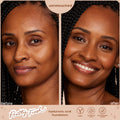 Model’s face in a split before-and-after, wearing ColourPop Hyaluronic Hydrating Foundation in Dark 170 N; after shows smoother, even, dewy skin with a bright smile; Pretty Fresh hyaluronic acid formula in a studio close-up.