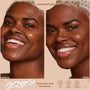 ColourPop Hyaluronic Hydrating Foundation in Deep Dark 200 N evening and brightening a smiling model’s complexion in an unretouched side-by-side before-and-after, showing smoother, dewy coverage; Pretty Fresh line, vegan, hyaluronic acid, dermatologist tested.