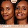 Split-screen model shows before and after application, smoothing uneven tone and adding a dewy glow with ColourPop Pretty Fresh Tinted Moisturizer in Dark 17 N; unretouched close-ups highlight vegan, hyaluronic acid, dermatologist tested claims.