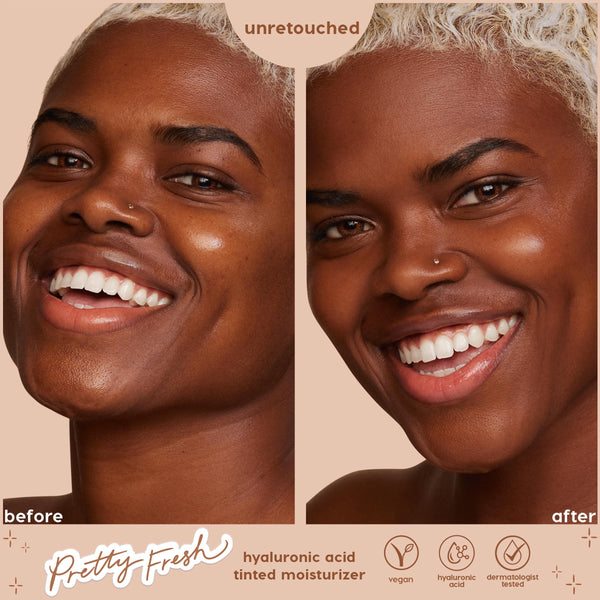 Smiling model demonstrates before-and-after results of ColourPop Pretty Fresh Tinted Moisturizer in Deep Dark 23 N, showing smoother, more even, dewy skin in an unretouched split view on a peach backdrop with vegan, hyaluronic acid, dermatologist-tested callouts.