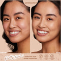 Side-by-side model wearing ColourPop Pretty Fresh Tinted Moisturizer in Light 5 N, showing before and after results that even skin tone and add a dewy glow; close-up studio shot on a beige background highlighting its hyaluronic acid, vegan formula.