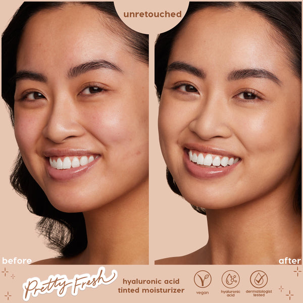 Side-by-side model wearing ColourPop Pretty Fresh Tinted Moisturizer in Light 5 N, showing before and after results that even skin tone and add a dewy glow; close-up studio shot on a beige background highlighting its hyaluronic acid, vegan formula.