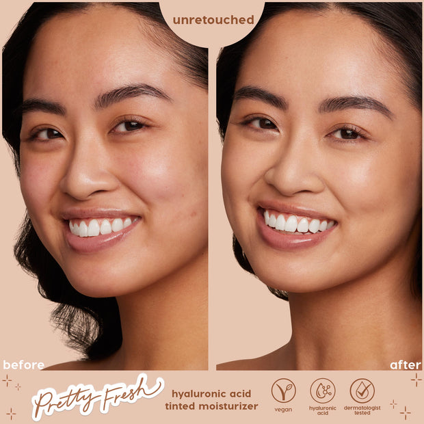 Side-by-side model wearing ColourPop Pretty Fresh Tinted Moisturizer in Light 5 N, showing before and after results that even skin tone and add a dewy glow; close-up studio shot on a beige background highlighting its hyaluronic acid, vegan formula.