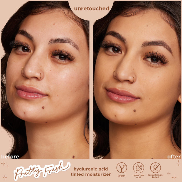Woman’s face shown in side‑by‑side before and after comparison wearing Colourpop Pretty Fresh Tinted Moisturizer in Medium 9 W, highlighting smoother, more even skin tone and natural finish for everyday face makeup.