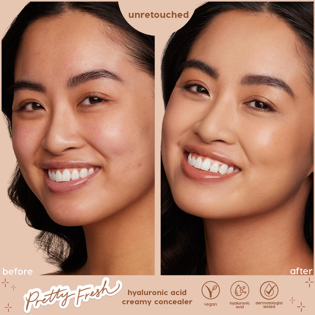 ColourPop Pretty Fresh Creamy Concealer in Light 50 W evening skin tone and brightening under-eyes on a smiling model, shown in an unretouched side-by-side before-and-after close-up on a beige studio background; vegan, hyaluronic acid, dermatologist tested.