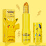 Thunderbolt transforming ColourPop pH Lip Balm bullet sparkles with gold flecks, standing uncapped between its Pikachu-printed yellow tube and matching box on a bright yellow backdrop with lightning accents, 3.5 g/0.12 oz.
