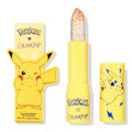 Thunderbolt ColourPop pH Lip Balm showcases a sparkly, iridescent bullet in a bright yellow tube, shown with matching cap and Pikachu lightning graphics next to the Pokémon x ColourPop box, net wt. 3.5 g (0.12 oz).