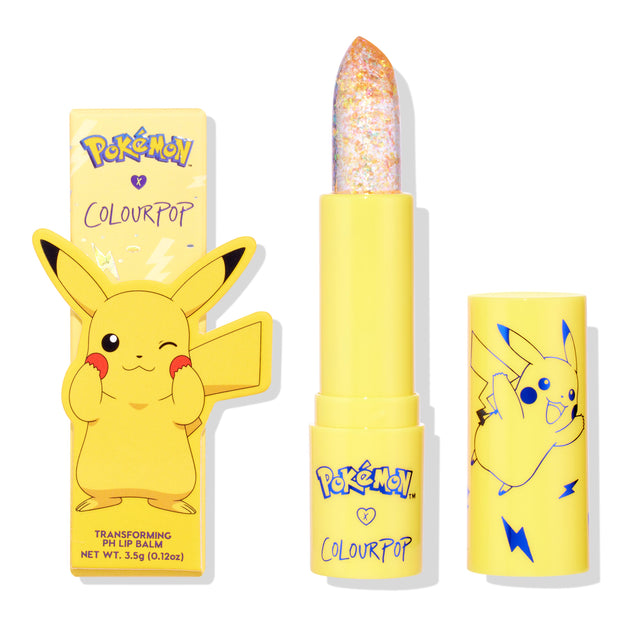 Thunderbolt ColourPop pH Lip Balm showcases a sparkly, iridescent bullet in a bright yellow tube, shown with matching cap and Pikachu lightning graphics next to the Pokémon x ColourPop box, net wt. 3.5 g (0.12 oz).