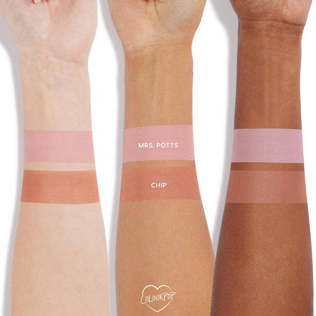 Chip, a warm peachy-tan, is swatched in horizontal bands on three arms of varying skin tones, shown beneath the pink Mrs. Potts shade; ColourPop Pressed Powder Blush comparison on a clean white background.