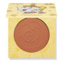 Chip ColourPop Pressed Powder Blush compact - half-open to show a warm rosy terracotta pan embossed with a rose - rests in yellow Disney Beauty and the Beast packaging featuring Mrs. Potts and Chip illustrations and gold rose motifs.