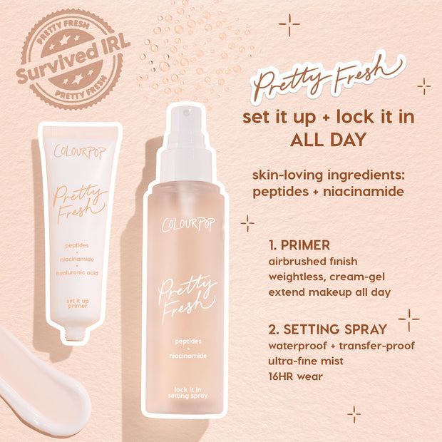 ColourPop Pretty Fresh Setting Spray Lock It In mist seals makeup with a waterproof, transfer-proof, 16-hour hold; clear frosted bottle with white pump shown beside Pretty Fresh primer on a peach backdrop, highlighting peptides + niacinamide.