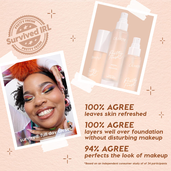 ColourPop Pretty Fresh Setting Spray Lock It In bottles standing in a trio with spray pumps beside a smiling model in bold eye makeup, on a peach backdrop with a Survived IRL badge, featuring peptides + niacinamide for all-day set and refresh.