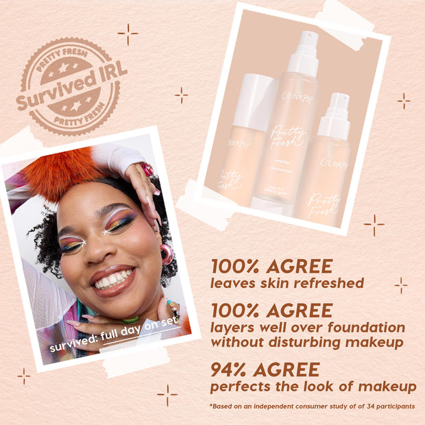 ColourPop Pretty Fresh Setting Spray Lock It In bottles standing in a trio with spray pumps beside a smiling model in bold eye makeup, on a peach backdrop with a Survived IRL badge, featuring peptides + niacinamide for all-day set and refresh.