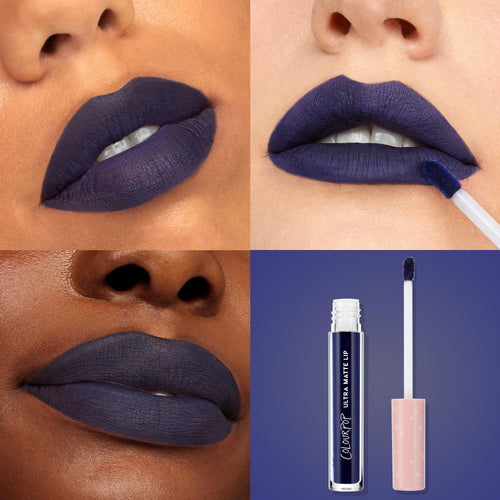 Panther Ultra Matte Lip liquid lipstick coating lips in a deep navy‑purple, applied with a doe‑foot and shown on multiple skin tones, with the ColourPop Ultra Matte Lip tube and applicator displayed against a purple background.