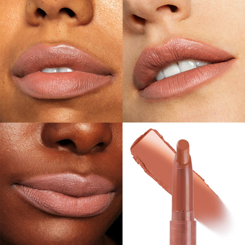 ColourPop Parker Lippie Stix showcasing a warm pinky-nude shade, swatched on three sets of lips across light, medium, and deep skin tones, with a product bullet and smear on a white background highlighting its creamy satin finish.