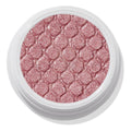 ColourPop Party of Five Super Shock Shadow glistens in a round white pot, a shimmering rose-pink single eyeshadow with fine silver sparkle and a quilted pressed texture, shown in a close-up top view.