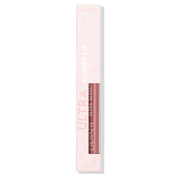 ColourPop Ultra Glossy Lip in Pasadena stands upright in a pastel pink box with star accents, the clear tube showing a rose-mauve gloss, displayed front-facing on a white background.