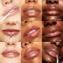 Perfect 4 U ColourPop Ultra Glossy Lip swatched in a 3x3 grid of close-up lips, some applying with a doe-foot applicator, showing high-shine pink‑nude finishes; shades 20 Carats, It Girl, and Pasadena across varied skin tones.