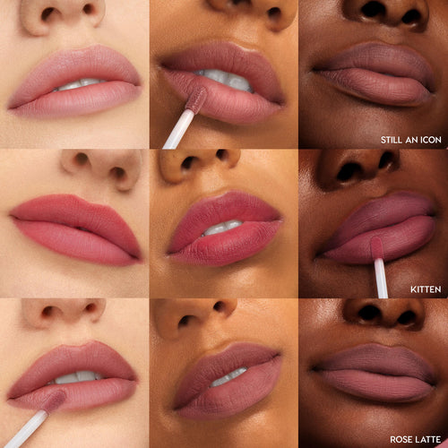 Pink Plz Ultra Blotted Lip by ColourPop swatched on a 3x3 grid of lips, with a doe-foot applicator applying and worn, showing soft-focus matte shades Still an Icon, Kitten, and Rose Latte across light, medium, and deep skin tones.