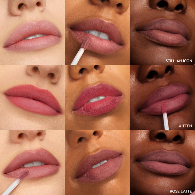 Pink Plz Ultra Blotted Lip by ColourPop swatched on a 3x3 grid of lips, with a doe-foot applicator applying and worn, showing soft-focus matte shades Still an Icon, Kitten, and Rose Latte across light, medium, and deep skin tones.