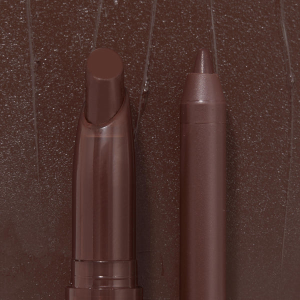 ColourPop Lippie Stix + Pencil Set Lip Service showcasing a creamy Lippie Stix and matching precision lip pencil in deep brown, standing side by side against a glossy brown swatch backdrop that highlights the pigment and finish.