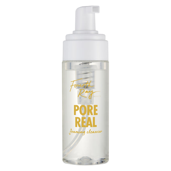 Fourth Ray Beauty Pore Real Cleanser standing upright with a white foaming pump, clear bottle, and gold lettering, a ColourPop Face Cleanser for gentle facial cleansing, shown against a clean white studio background.