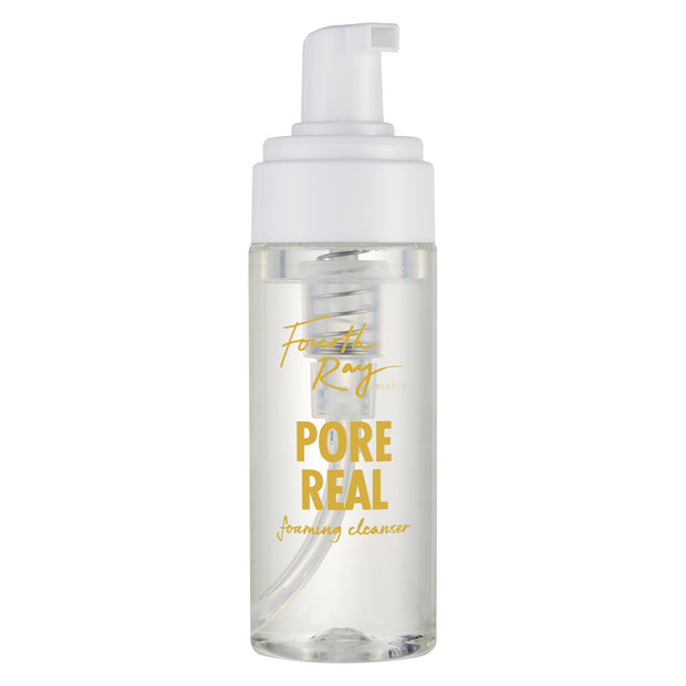 Fourth Ray Beauty Pore Real Cleanser standing upright with a white foaming pump, clear bottle, and gold lettering, a ColourPop Face Cleanser for gentle facial cleansing, shown against a clean white studio background.