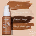 ColourPop Hyaluronic Hydrating Foundation Pretty Fresh, Fair 15 W, in a tan bottle with white pump, beside shade swatches labeled Oil Free, Dermatologist Tested, Medium Coverage, ideal for all skin types on a beige background.