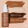 ColourPop Hyaluronic Hydrating Foundation Pretty Fresh pump bottle in Light 50 W sits beside layered swatches labeled Oil Free, Dermatologist Tested, Medium Coverage, Ideal for all skin types on a peach backdrop.