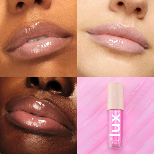 Raspberry Mojito Lux Lip Oil delivers a glossy, sheer pink finish on lips, shown on three models, with the ColourPop Lux Lip Oil bottle displayed on a swirled pink backdrop.
