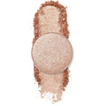 Round pan of ColourPop Ringer Pressed Powder Shadow gleams in a shimmery champagne rose‑gold, shown pressed with soft crumble and a vertical swatch to reveal metallic payoff on a clean white background.