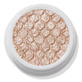 ColourPop Ritz Super Shock Shadow shimmering in a white round pot, its honeycomb-embossed, metallic champagne-beige glitter cream-to-powder formula catching light in a close-up product shot on a clean background.